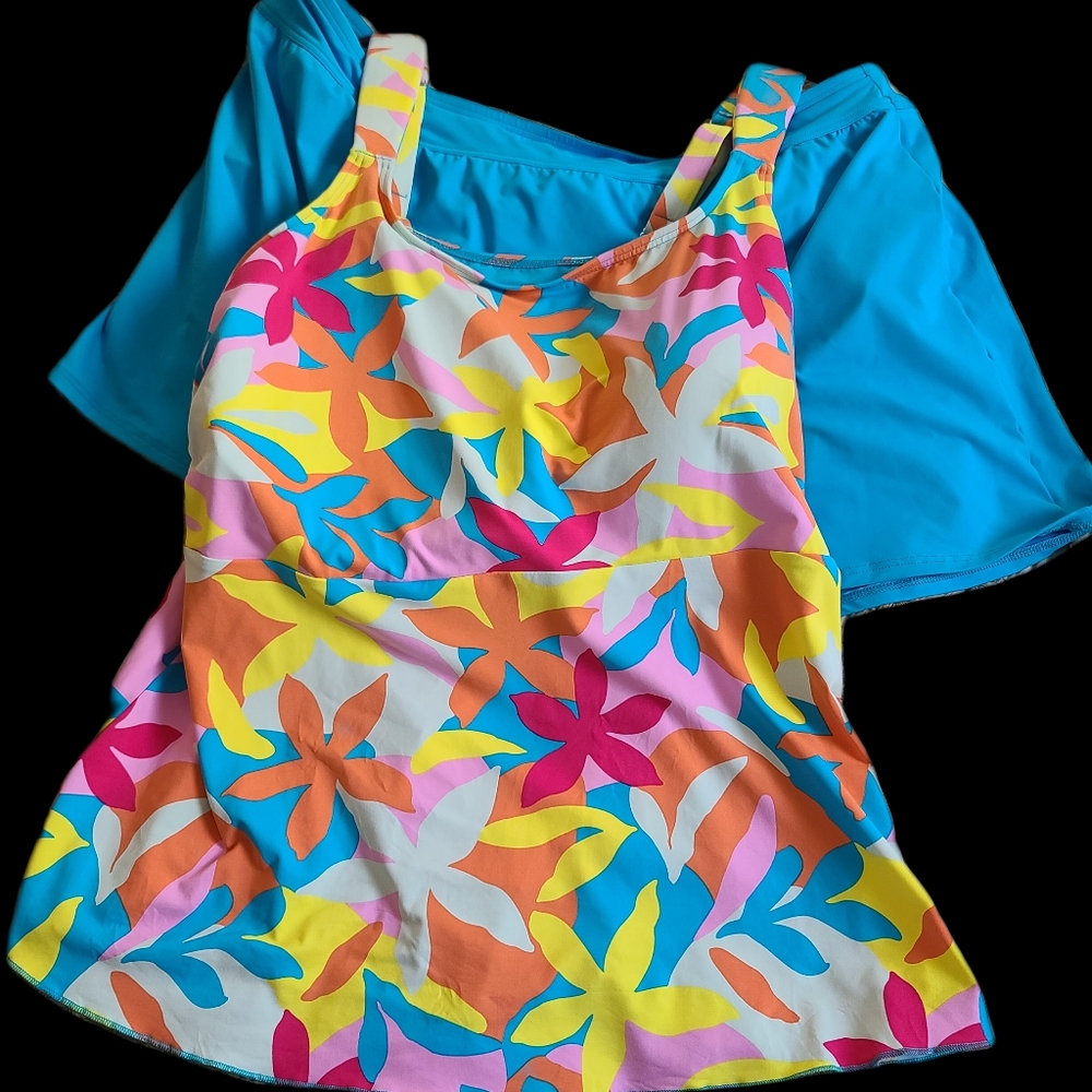 Lands' End 2-piece bright floral bathing suit: pink, orange, yellow & blue 2X/22